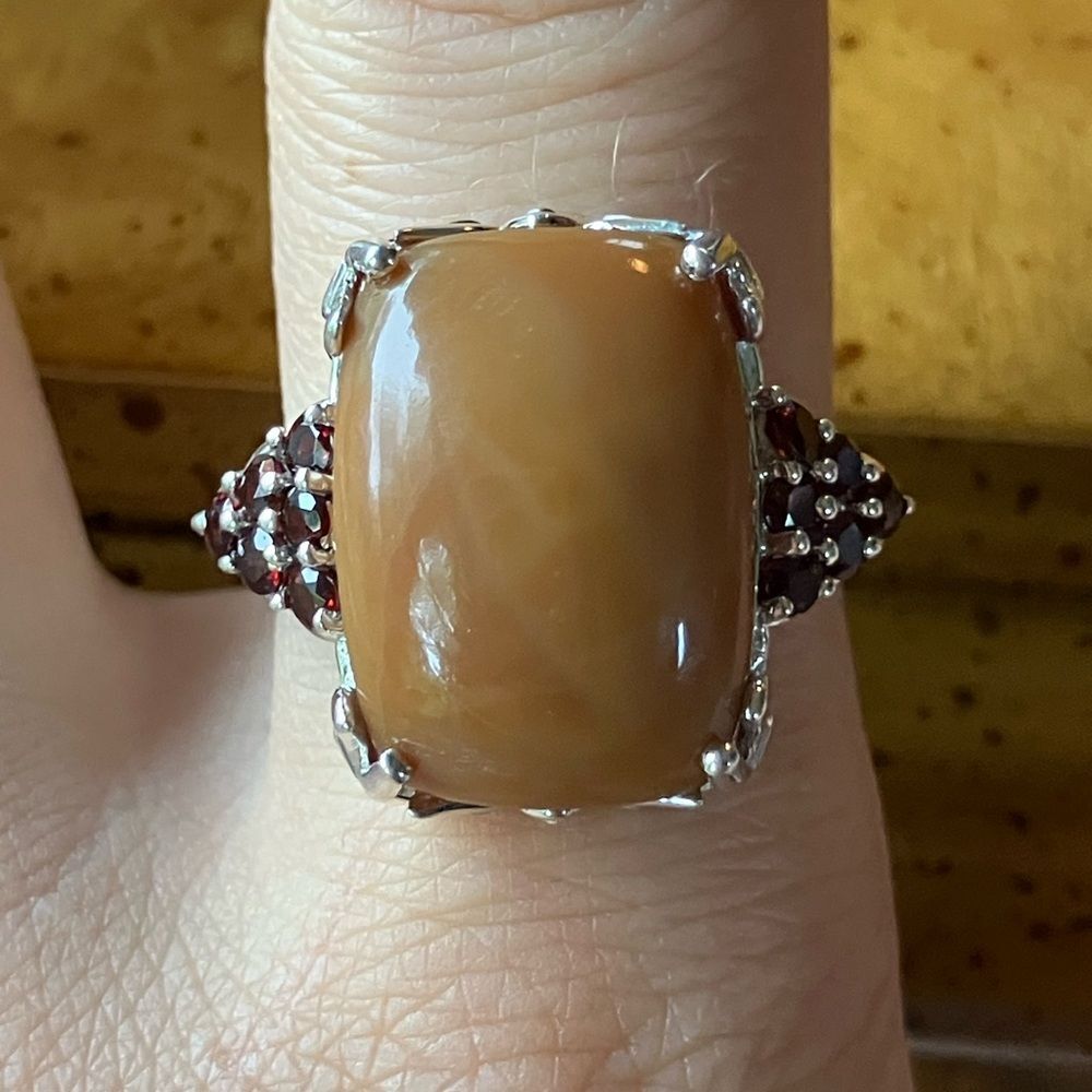 Natural Caramel Opal Red Garnet Sterling Silver Ring Size 10